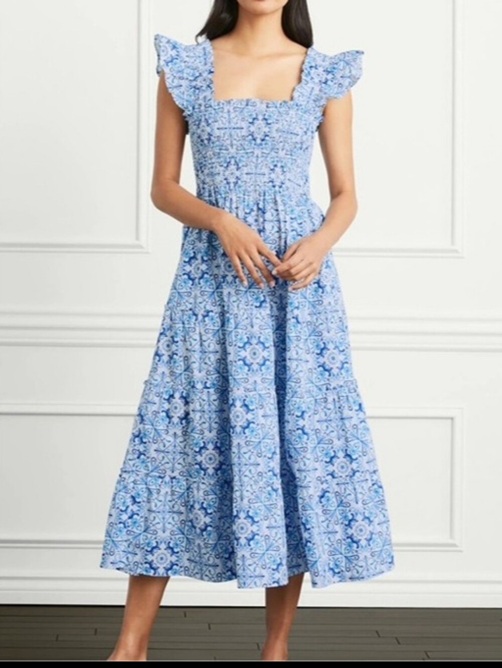 Hill House Blue Tile-Print Smocked Midi Dress Size Large